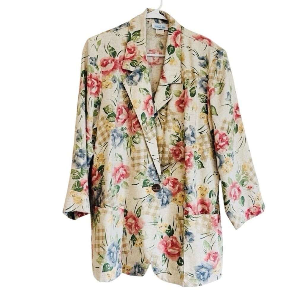 Vtg USA Made Village Fair Floral Jacket Sz L Cottagecore Blazer Button Pockets